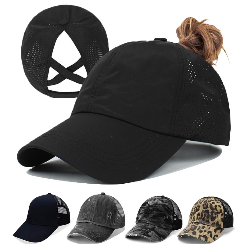 Bocianelli Criss Cross Hat Washed Distressed Baseball Cap Ponytail Hat High Messy Bun Ponycap for Women - Image 1